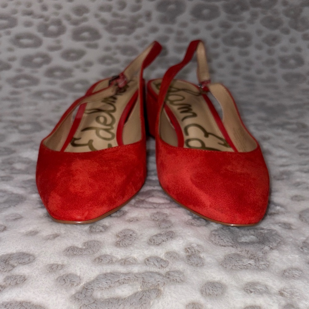 Sam Edelman Orange-Red Suede Block Heel Slingbacks - Picture 2 of 10